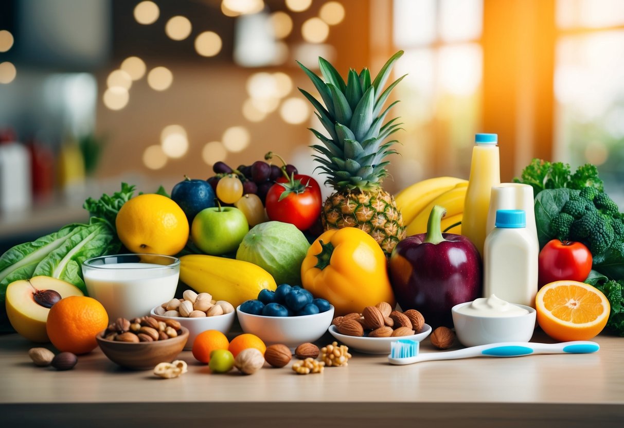 A variety of colorful fruits, vegetables, dairy products, and nuts arranged on a table, with a toothbrush and toothpaste nearby